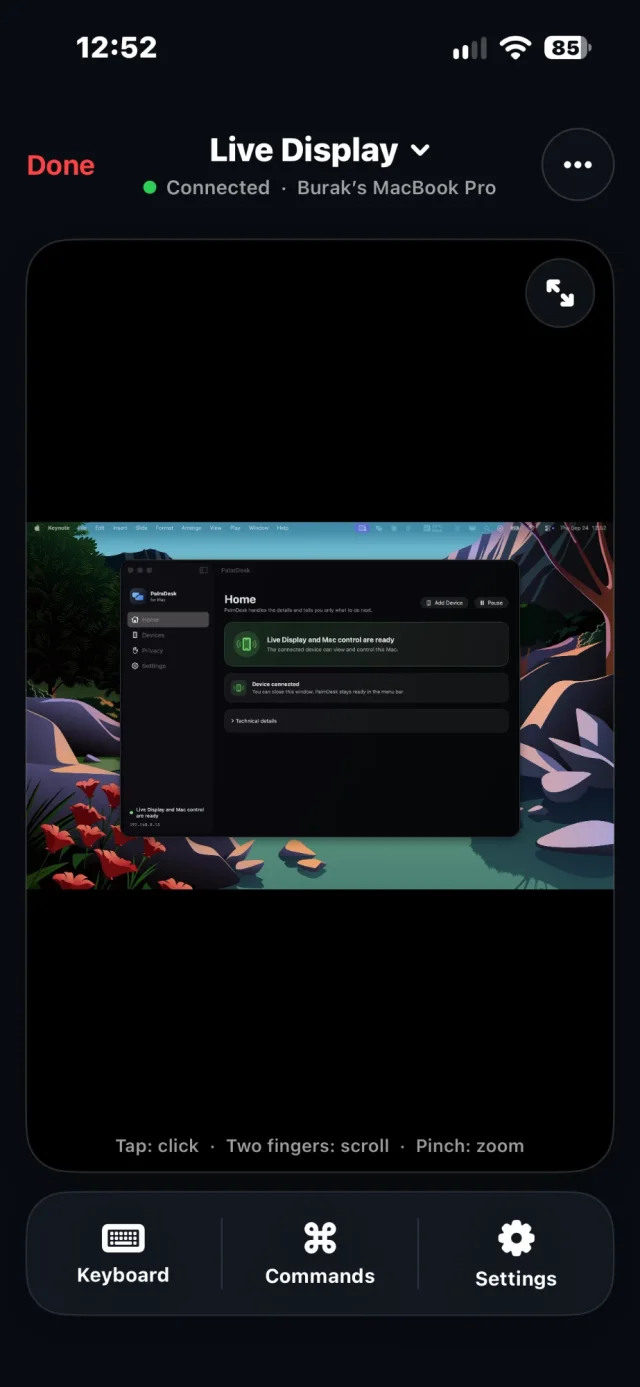 Live Display showing a Mac screen on iPhone