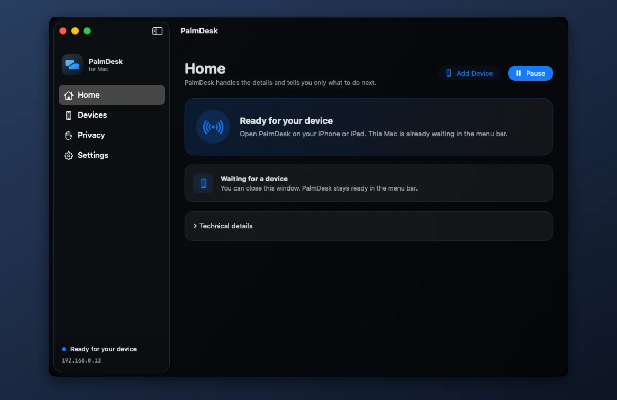 The PalmDesk for Mac window, ready for a device